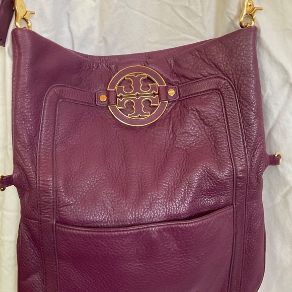 Tory Burch Amanda Foldover Crossbody Purse Pebbled Tumbled Purple Leather - Picture 4 of 7